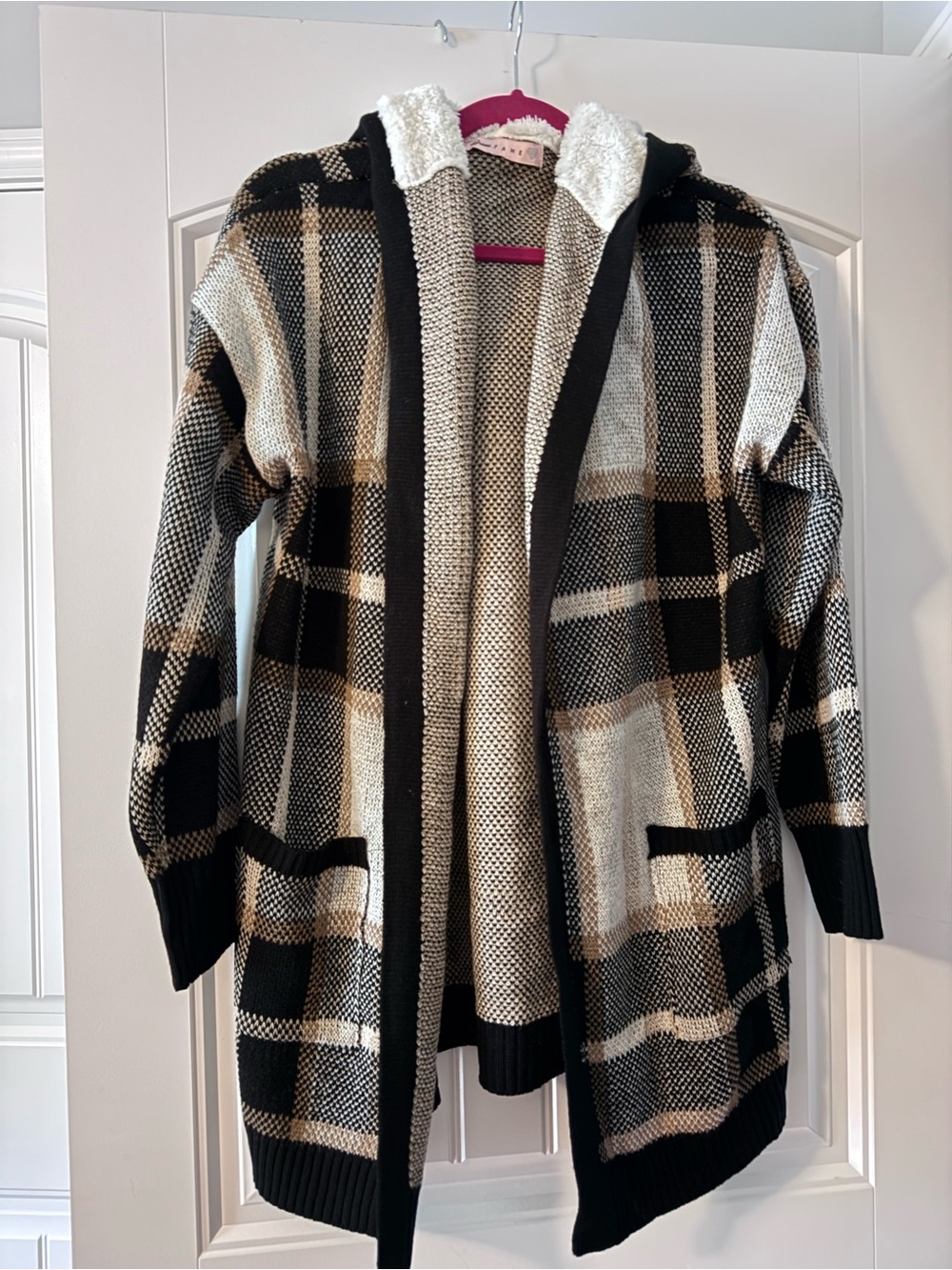 Crave Fame Black, Cream & Tan Plaid Hooded Open Cardigan